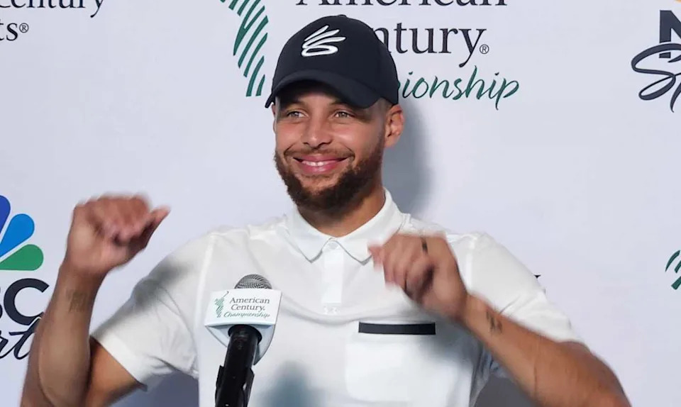 Steph Curry talks to the media Friday after taking the lead with 27 points in the American Century Championship celebrity golf tournament at Edgewood Tahoe.Jim Krajewski&sol;RGJ &sol; USA TODAY NETWORK