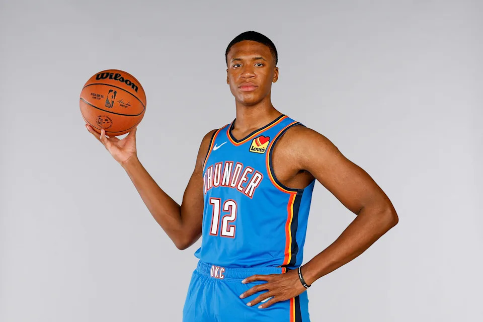 LAS VEGAS, NEVADA - JULY 16: Thomas Sorber #12 of the Oklahoma City Thunder poses for a portrait during the 2025 NBA Rookie Photo Shoot at UNLV on July 16, 2025 in Las Vegas, Nevada. NOTE TO USER: User expressly acknowledges and agrees that, by downloading and or using this photograph, User is consenting to the terms and conditions of the Getty Images License Agreement (Photo by Harry How/Getty Images)