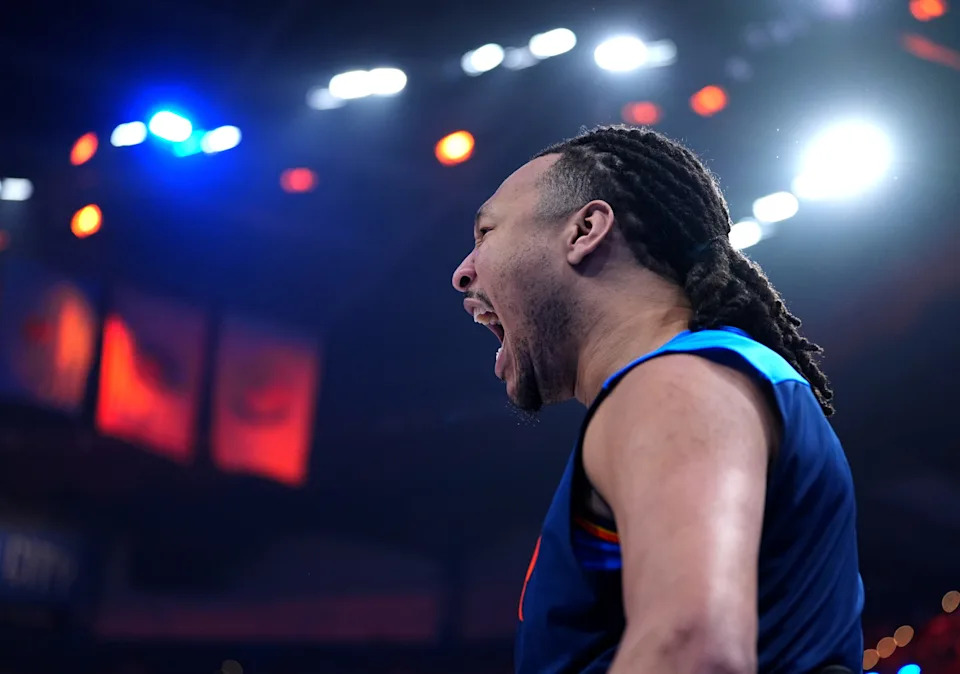 Oklahoma City's Jaylin Williams (6) cheers from the bench during the NBA basketball Game 7 playoff game between the Oklahoma City Thunder and the Denver Nuggets at Paycom Center in Oklahoma City, Sunday, May, 18, 2025.