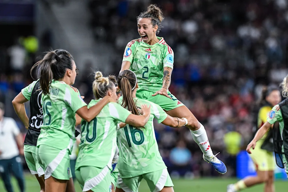 Italy celebrates after beating Norway to clinch a spot in the semifinals. (Andrea Amato/NurPhoto via Getty Images)