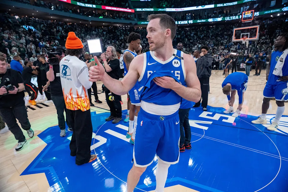 Milwaukee Bucks guard Pat Connaughton (24) is shown after their game Sunday, April 13, 2025 at Fiserv Forum in Milwaukee, Wisconsin. The Milwaukee Bucks beat the Detroit Pistons 140-133 in overtime. He scored a career-high 43 points.