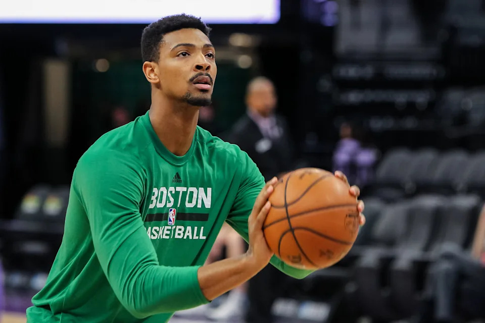 Feb 8, 2017; Sacramento, CA, USA; Boston Celtics forward Jordan Mickey (55) warms up before the game against the Sacramento Kings at Golden 1 Center. Mandatory Credit: Sergio Estrada-USA TODAY Sports