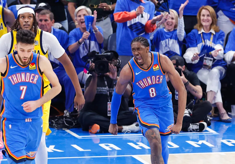 Jun 22, 2025; Oklahoma City, Oklahoma, USA; Oklahoma City Thunder forward Jalen Williams (8) reacts after scoring against the Indiana Pacers during the second half of game seven of the 2025 NBA Finals at Paycom Center. Mandatory Credit: Alonzo Adams-Imagn Images