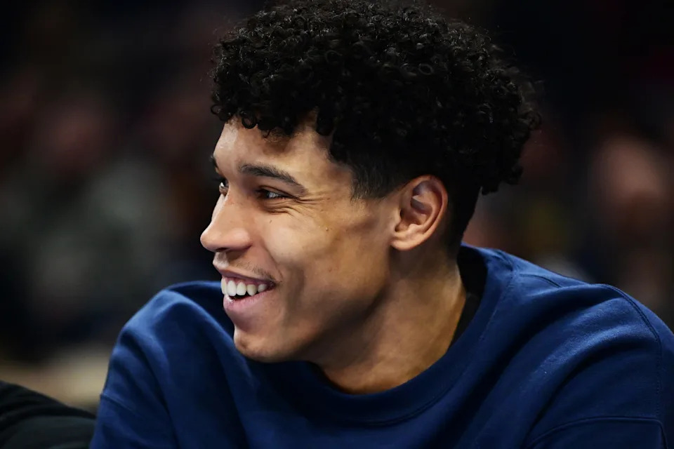 Indiana Pacers forward Enrique Freeman watches from the bench as the Pacers play the Cleveland Cavaliers on Jan. 12, 2025, in Cleveland.