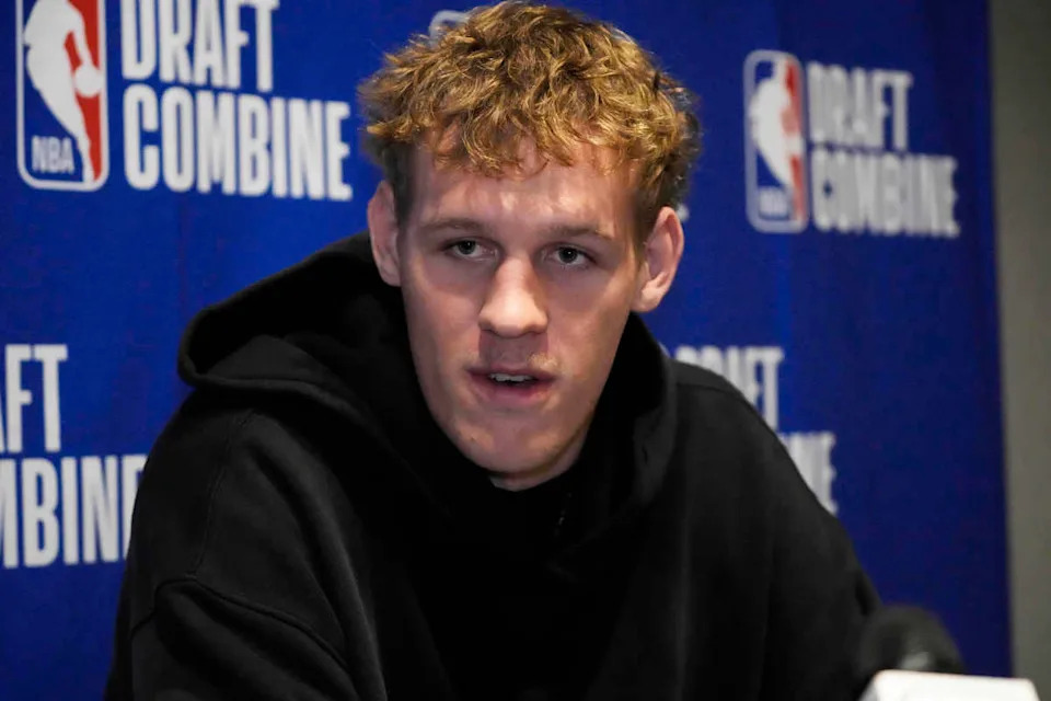 May 14, 2025; Chicago, Il, USA; Rocco Zikarsky talks to the media during the 2025 NBA Draft Combine at Marriott Marquis Chicago. Mandatory Credit: David Banks-Imagn Images