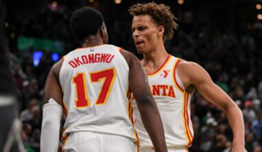 BOSTON, MASSACHUSETTS - NOVEMBER 12: Dyson Daniels #5 of the Atlanta Hawks celebrates a win with Onyeka Okongwu #17 against the Boston Celtics during Emirates NBA cup game at TD Garden on November 12, 2024 in Boston, Massachusetts. NOTE TO USER: User expressly acknowledges and agrees that, by downloading and or using this photograph, User is consenting to the terms and conditions of the Getty Images License Agreement. (Photo by China Wong/Getty Images)