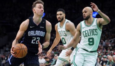 Orlando Magic's Franz Wagner (22) drives past Boston Celtics' Derrick White (9) in front of Jayson Tatum (0) during the second half in Game 1 of a first-round NBA playoff basketball series Sunday, April 20, 2025, in Boston. (AP Photo/Michael Dwyer)