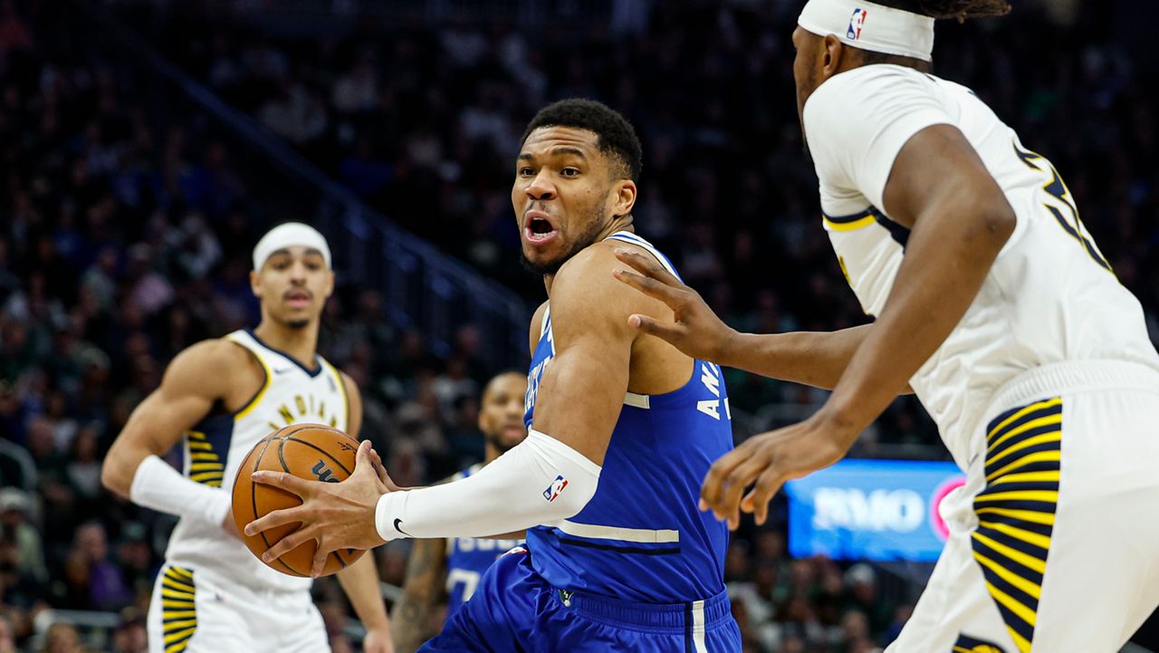 Milwaukee Bucks' Giannis Antetokounmpo (34) drives against the Indiana Pacers during the first half of an NBA basketball game Saturday, March 15, 2025, in Milwaukee.