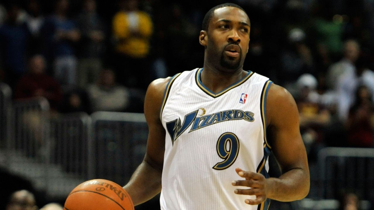 Washington Wizards guard Gilbert Arenas drives during an NBA game at Philips Arena, Nov. 25, 2010 in Atlanta. (AP Photo/Gregory Smith)