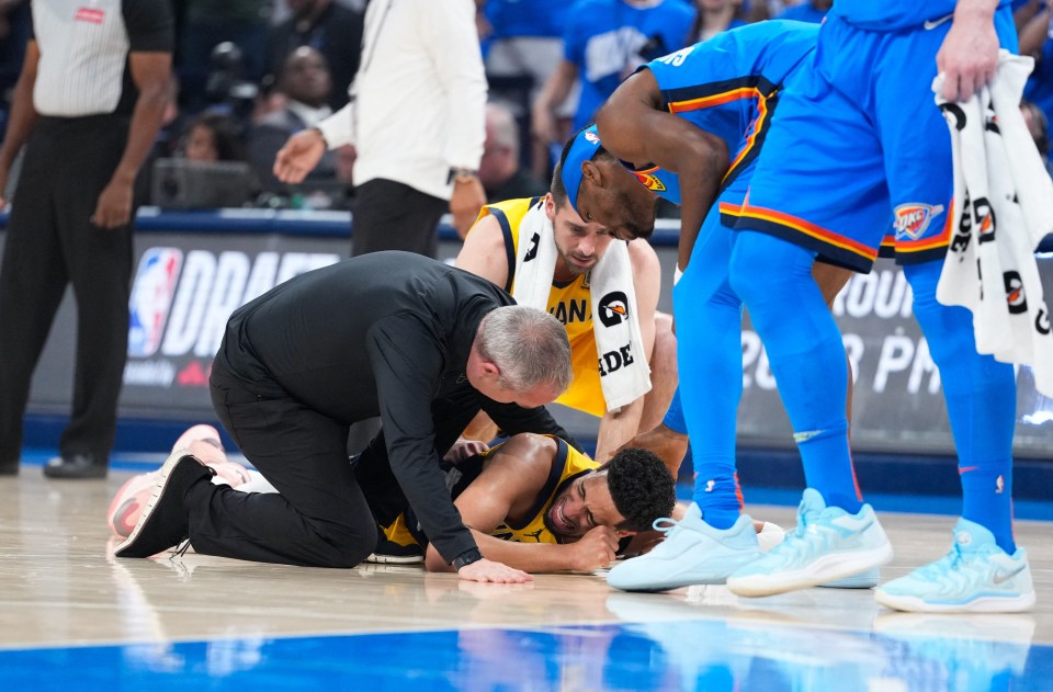 Indiana Pacers guard Tyrese Haliburton injured on the court.