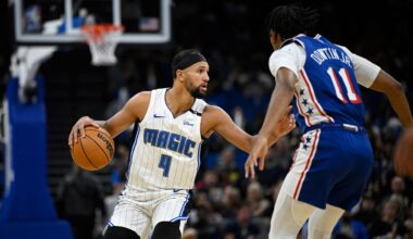 Orlando guard Jalen Suggs (4) signed an extension on his rookie contract extension with the Magic on Monday. (AP Photo/Phelan M. Ebenhack)
