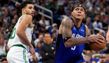 The Celtics' Jason Tatum (left) and the Magic's Paolo Banchero are expected to play major roles in their teams' Eastern Conference first-round playoff series starting Sunday in Boston. (AP Photo/John Raoux)