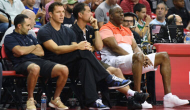 Assistant coach Jesse Mermuys and head coach Luke Walton of the Los Angeles Lakers, Lakers general ...