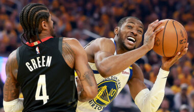 Jonathan Kuminga #00 of the Golden State Warriors makes a move towards the basket while defended by...