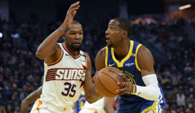 Jonathan Kuminga #00 of the Golden State Warriors is guarded by Kevin Durant #35 of the Phoenix Sun...