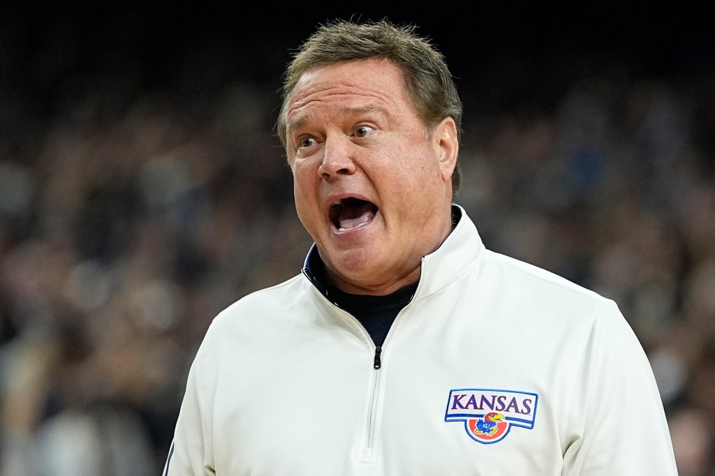 Kansas head coach Bill Self yelling during a basketball game.