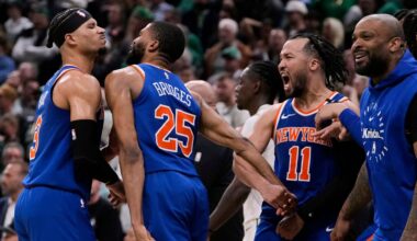 New York Knicks celebrate after defeating the Boston Celtics in Game 1 of an NBA basketball second-round playoff series Monday, May 5, 2025, in Boston. (AP Photo/Charles Krupa)