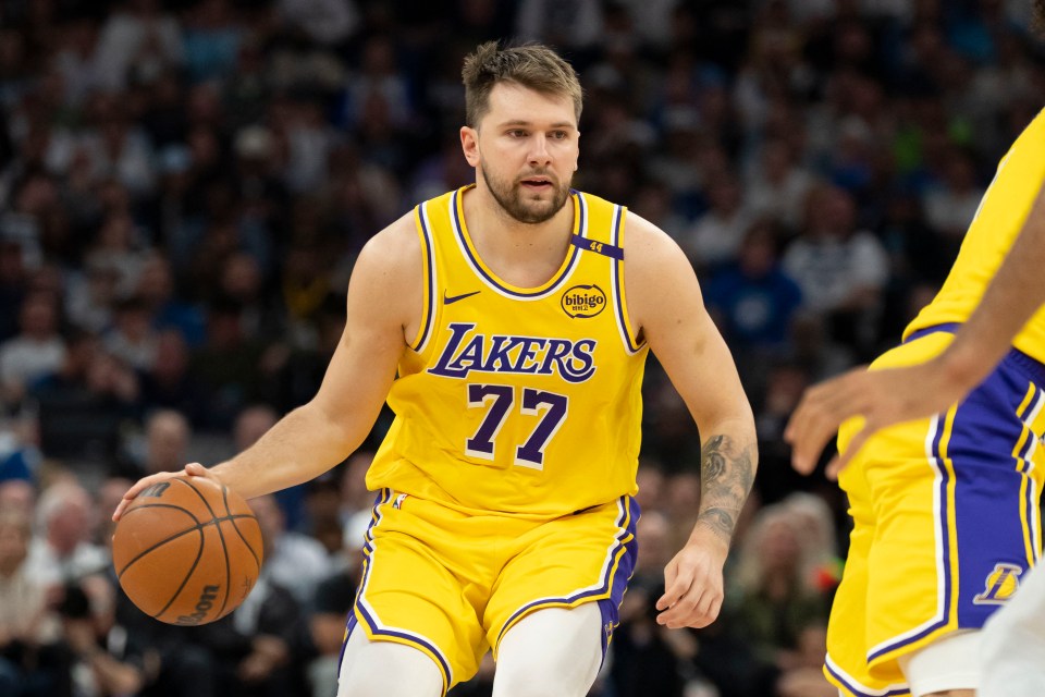 Luka Dončić, Los Angeles Lakers guard, dribbling the basketball.