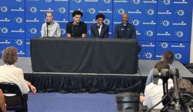 Magic President of Basketball Operations Jeff Weltman (left) and coach Jamahl Mosley (right) introduce new draft picks Noah Penda (2nd from left) and Jase Richardson to the Orlando media on Friday. (Spectrum Sports/Brandon Green)
