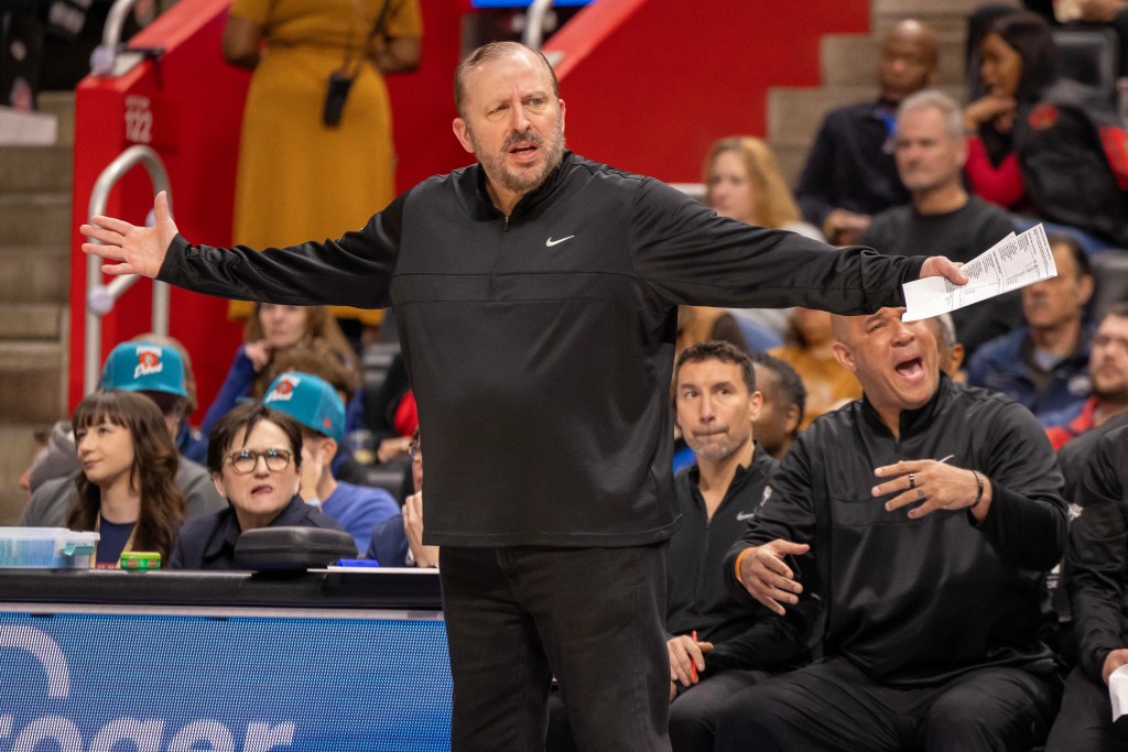 Tom Thibodeau reacts during the Knicks-Pistons game on April 10, 2025. 