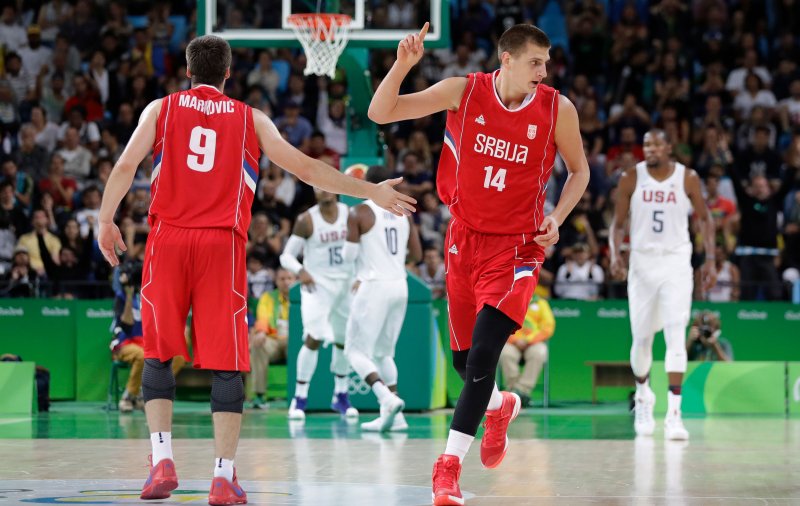 Serbia’s Nikola Jokic celebrates during a men’s basketball game against the United States at the 2016 Summer Olympics in Rio de Janeiro, on Aug. 12, 2016.