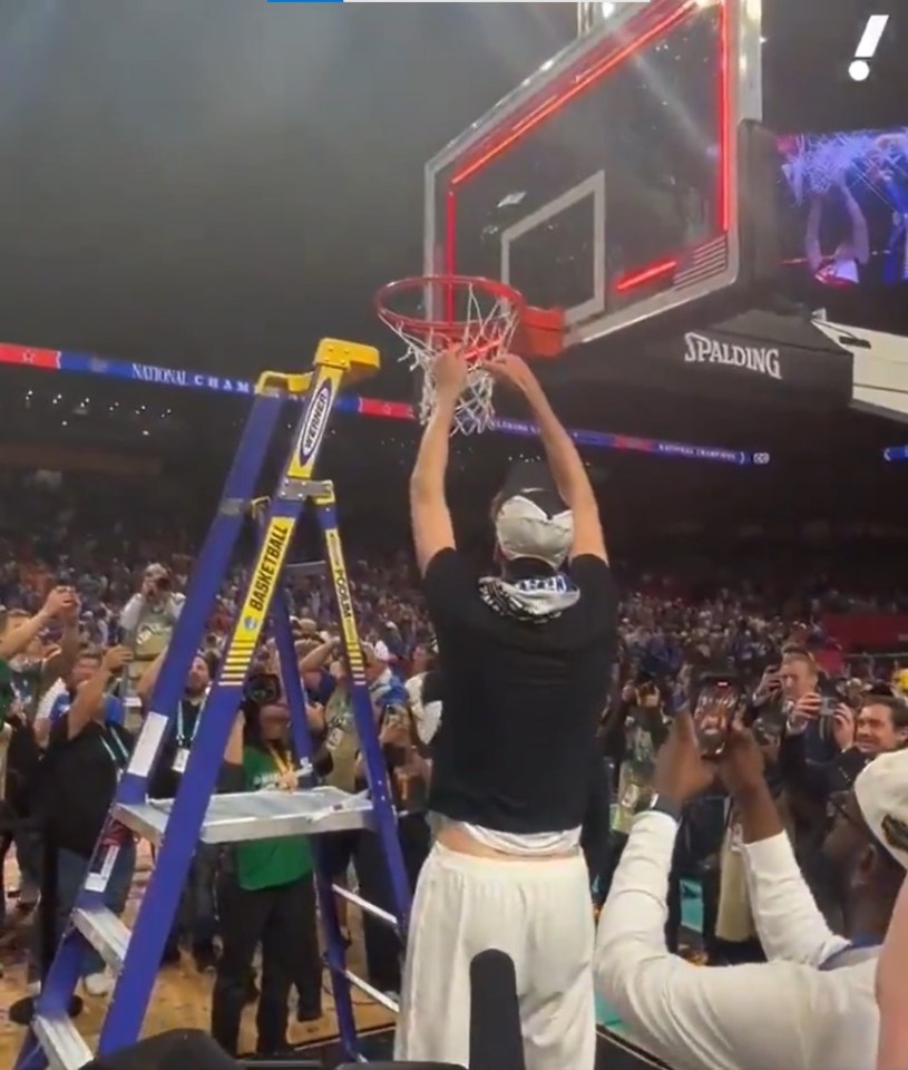 The massive teen cut down the net without a ladder after Florida won the natty