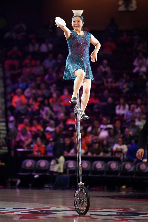 Red Panda performs during halftime at a WNBA basketball game between the Washington Mystics and the Connecticut Sun in Uncasville, Conn., Sunday, May 18, 2025. (AP Photo/Vera Nieuwenhuis)