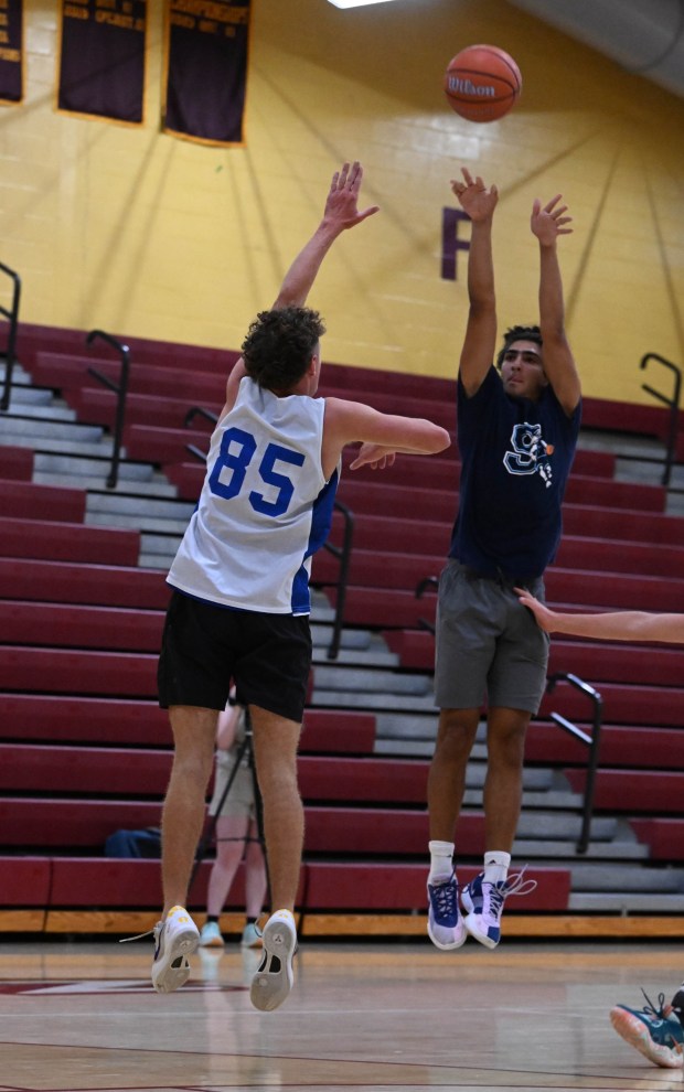 Salisbury's Jay Makhoul shoots the ball as the team plays Southern Lehigh in the small school title game in the Lehigh Valley Summer Basketball League on Friday, July 25, 2025, at Whitehall High School. (Amy Shortell/The Morning Call)