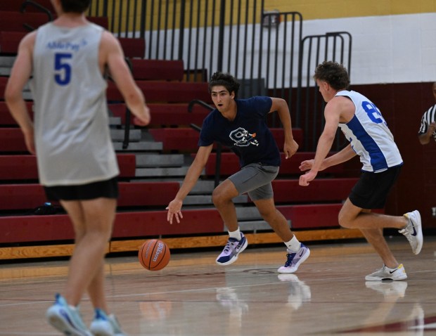 Salisbury's Jay Makhoul drives up the court as the team plays Southern Lehigh in the small school title game in the Lehigh Valley Summer Basketball League on Friday, July 25, 2025, at Whitehall High School. (Amy Shortell/The Morning Call)