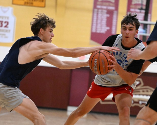 Southern Lehigh's Mikey Fry drives up the court as the team plays Salisbury in the small school title game in the Lehigh Valley Summer Basketball League on Friday, July 25, 2025, at Whitehall High School. (Amy Shortell/The Morning Call)