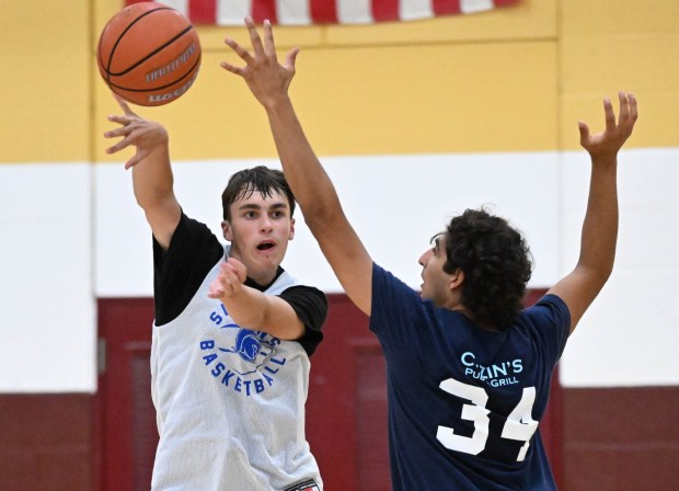 Southern Lehigh's Mikey Fry passes the ball as the team plays Salisbury in the small school title game in the Lehigh Valley Summer Basketball League on Friday, July 25, 2025, at Whitehall High School. (Amy Shortell/The Morning Call)