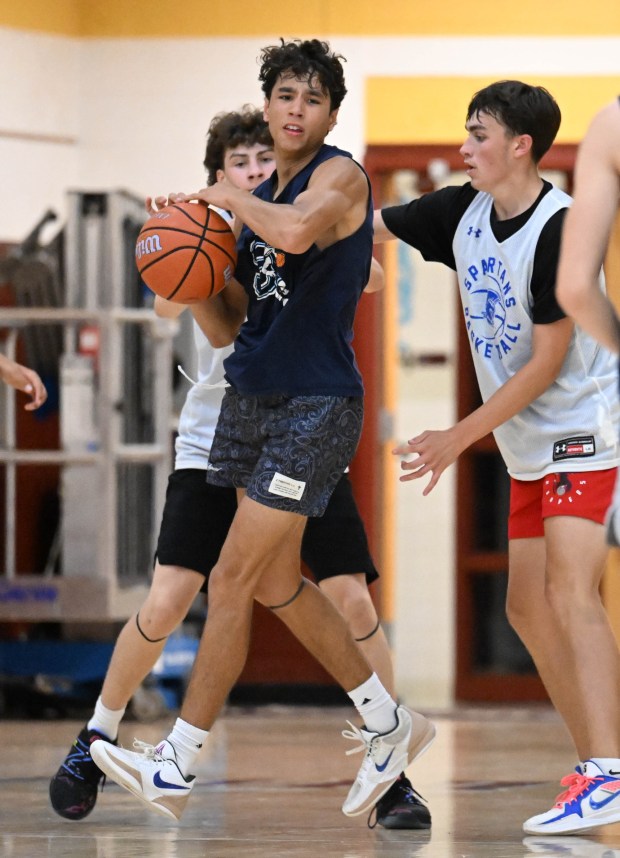 Salisbury's Steven Lozada drives up the court as the team plays Southern Lehigh in the small school title game in the Lehigh Valley Summer Basketball League on Friday, July 25, 2025, at Whitehall High School. (Amy Shortell/The Morning Call)