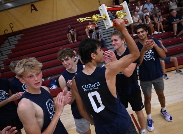 Salisbury celebrates beating Southern Lehigh in the small school title game to win the Small School title in the Lehigh Valley Summer Basketball League Friday, on July 25, 2025, at Whitehall High School. (Amy Shortell/The Morning Call)