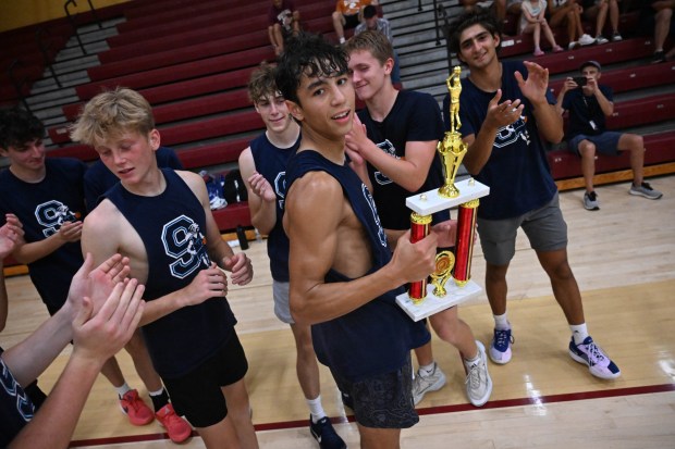 Salisbury celebrates beating Southern Lehigh in the small school title game to win the Small School title in the Lehigh Valley Summer Basketball League Friday, on July 25, 2025, at Whitehall High School. (Amy Shortell/The Morning Call)