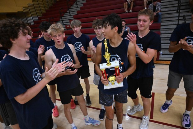 Salisbury celebrates beating Southern Lehigh in the small school title game to win the Small School title in the Lehigh Valley Summer Basketball League Friday, on July 25, 2025, at Whitehall High School. (Amy Shortell/The Morning Call)
