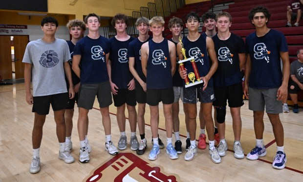 Salisbury celebrates beating Southern Lehigh in the small school title game to win the Small School title in the Lehigh Valley Summer Basketball League Friday, on July 25, 2025, at Whitehall High School. (Amy Shortell/The Morning Call)