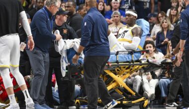 Utah Jazz's Taylor Hendricks stretchered off the floor after breaking his leg
