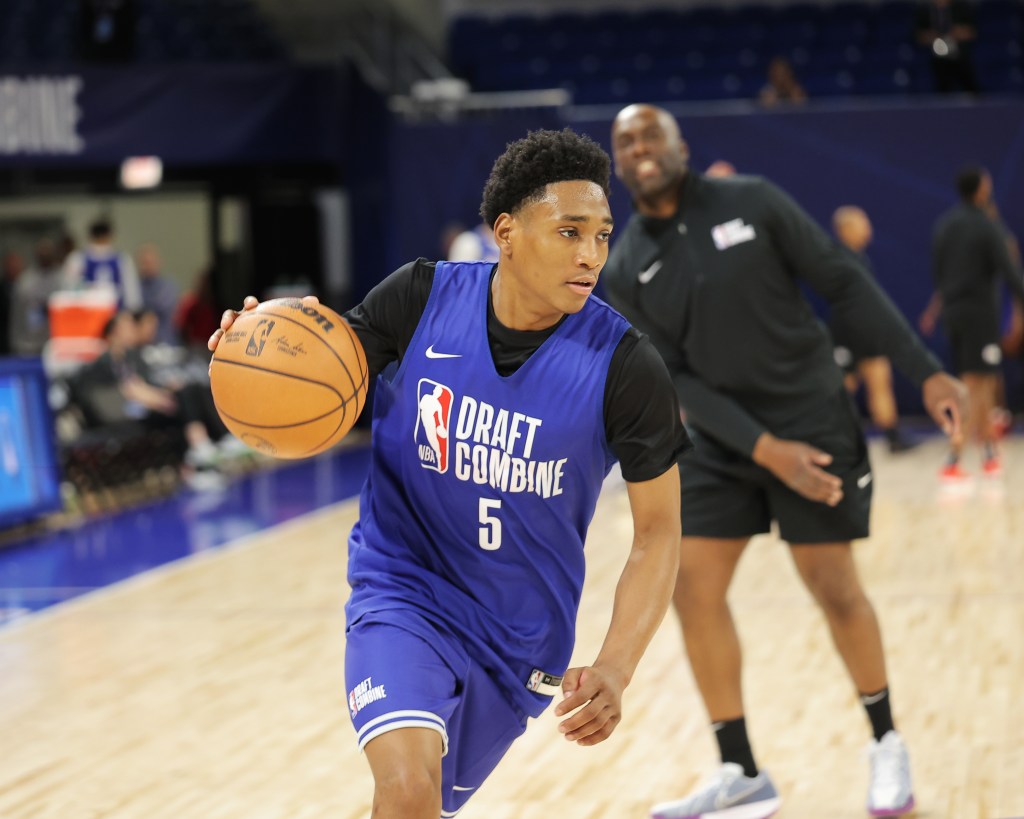 Tahaad Pettiford drives to the basket during the 2025 NBA Draft Combine on May 13, 2025 at Wintrust Arena in Chicago, Illinois. 