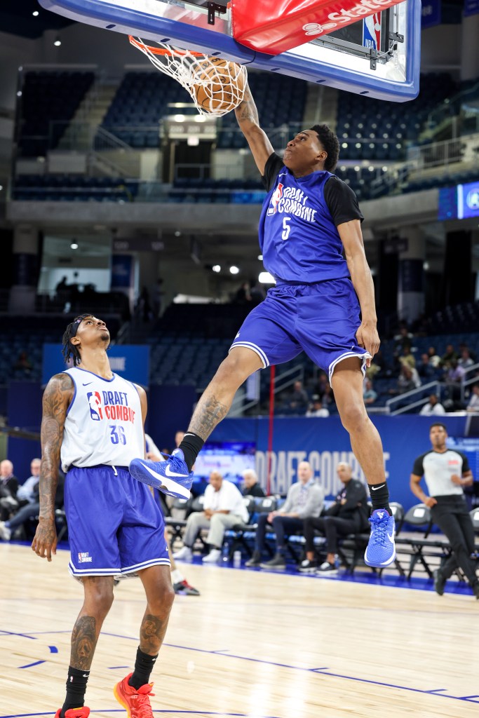 Tahaad Pettiford dunks the ball during the 2025 NBA Draft Combine.