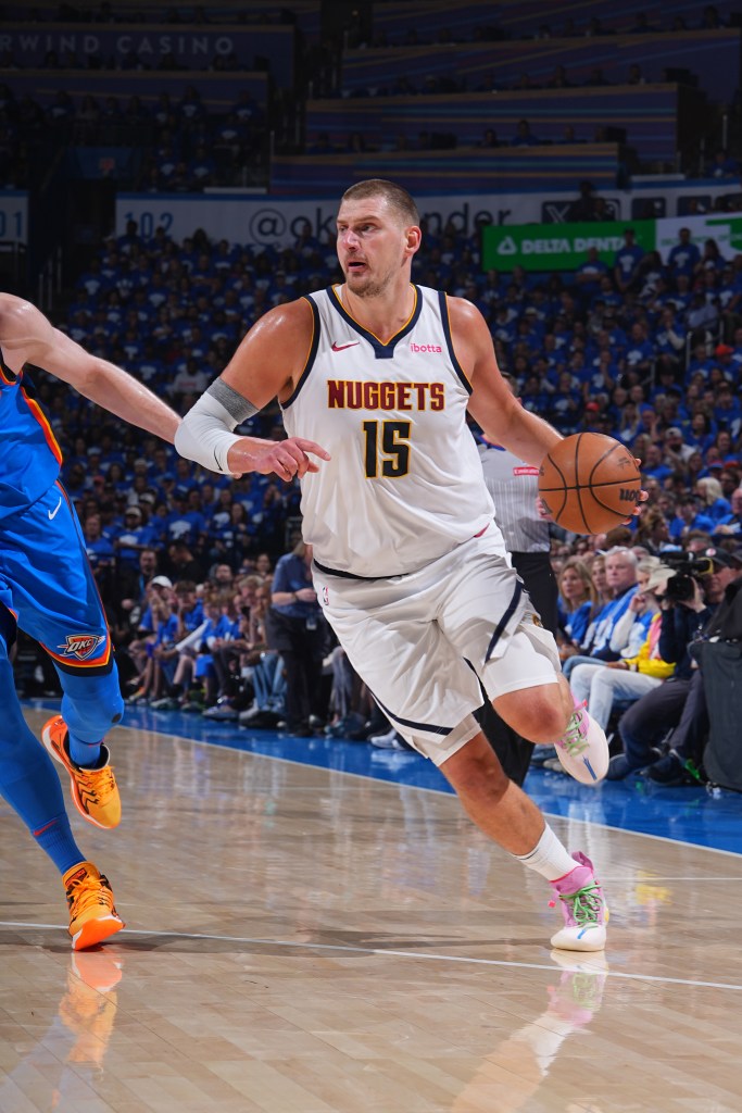 Nikola Jokic #15 of the Denver Nuggets handles the ball during the game against the Oklahoma City Thunder during Round 2 Game 7 of the 2025 NBA Playoffs on May 18, 2025 at Paycom Center in Oklahoma City, Oklahoma.