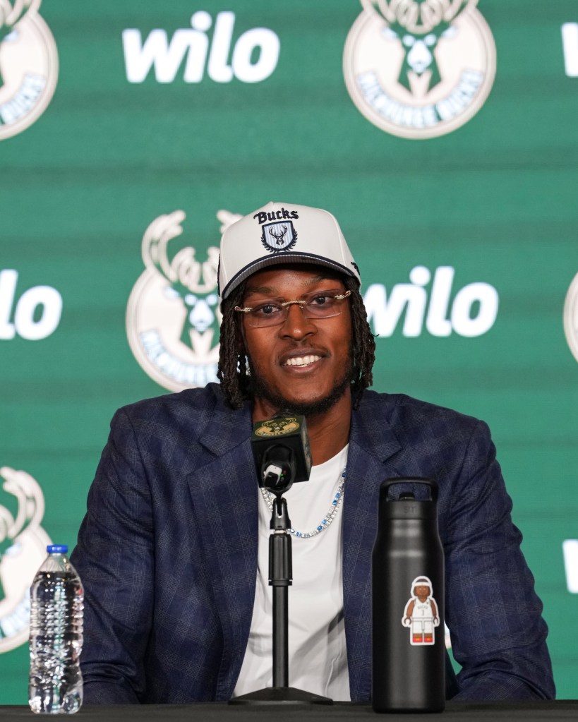 Myles Turner at a Milwaukee Bucks press conference.