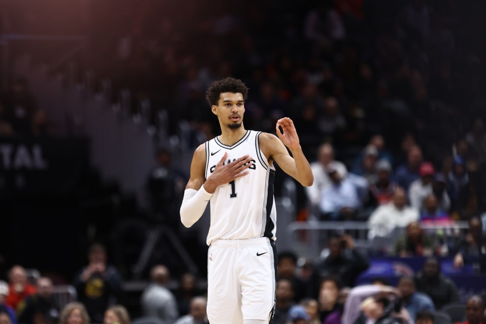 Victor Wembanyama, #1 of the San Antonio Spurs, during a game.