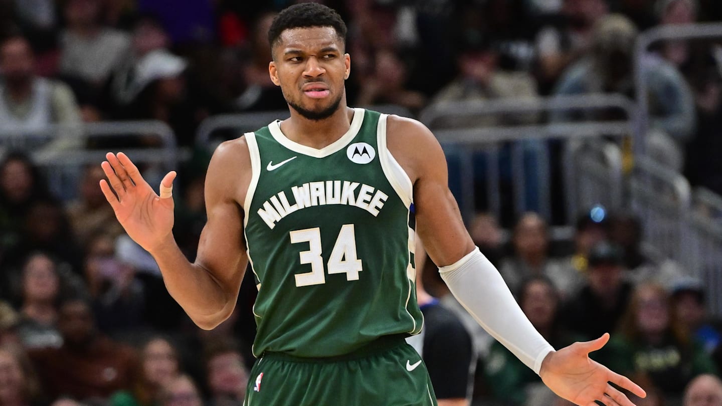 Nov 10, 2024; Milwaukee, Wisconsin, USA;  Milwaukee Bucks forward Giannis Antetokounmpo (34) reacts in the fourth quarter against the Boston Celtics at Fiserv Forum. Mandatory Credit: Benny Sieu-Imagn Images