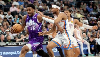 Utah Jazz forward Brice Sensabaugh (28) moves Oklahoma City Thunder guard Aaron Wiggins (21)