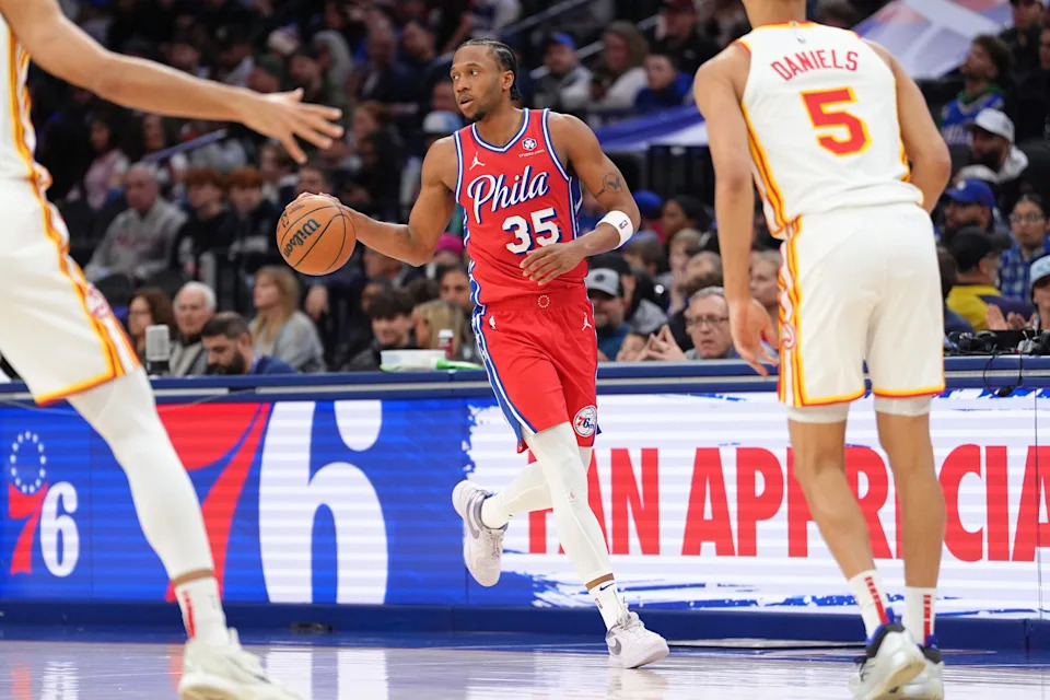 Apr 11, 2025; Philadelphia, Pennsylvania, USA; Philadelphia 76ers forward Marcus Bagley (35) controls the ball against the Atlanta Hawks in the third quarter at Wells Fargo Center. Mandatory Credit: Kyle Ross-Imagn Images