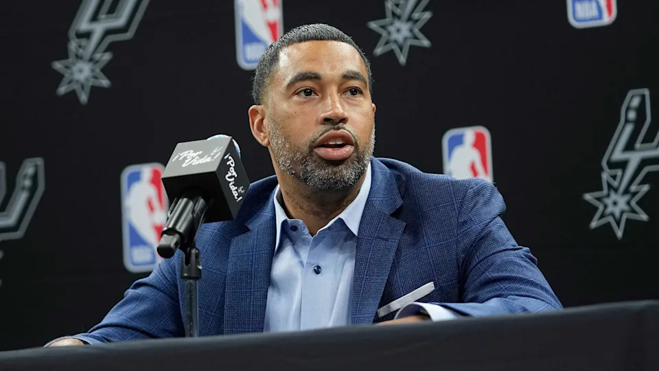 Spurs general manager Brian Wright during a news conference in San Antonio, Saturday, June 24, 2023. (AP Photo/Eric Gay)