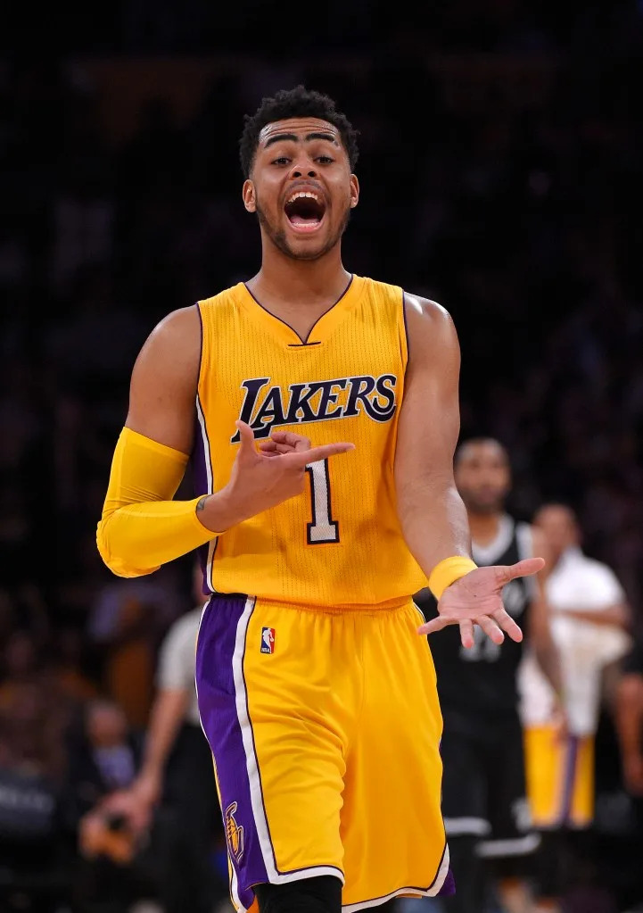 Lakers guard D’Angelo Russell celebrates after hitting a 3-point shot during the second half of a game against the Nets on Tuesday, March 1, 2016. AP