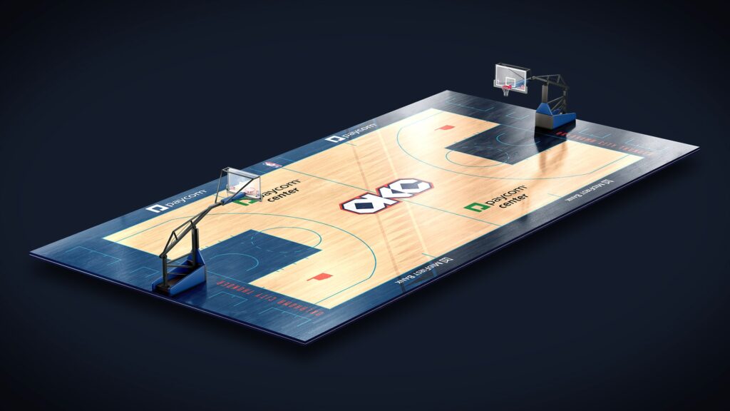 A rendering shows the court design for the 2025-26 Thunder season. (Rendering provided by The Oklahoma City Thunder)
