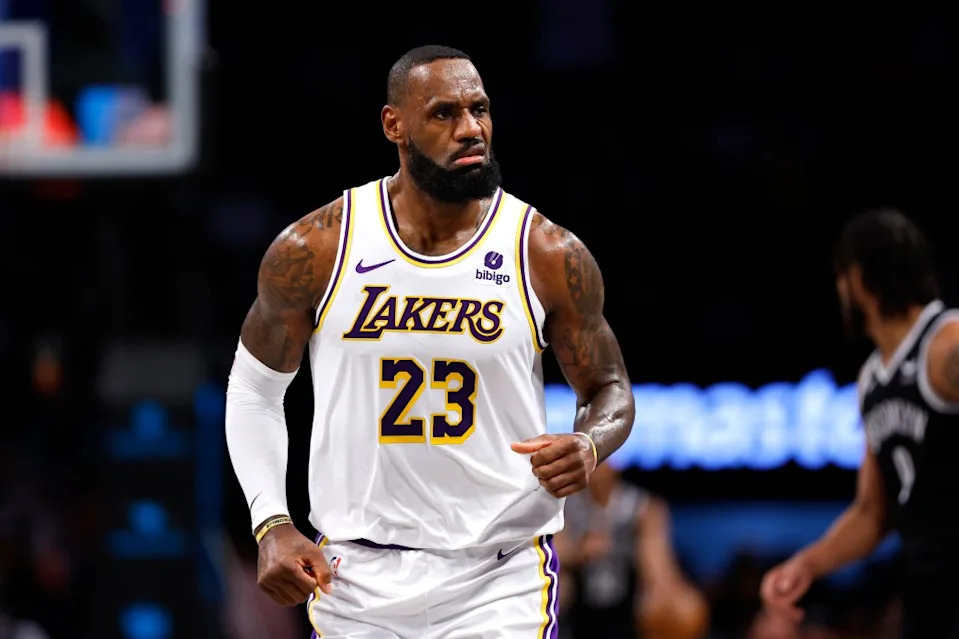 LeBron James (23) reacts during the first half against the Brooklyn Nets at the Barclays Center on Sunday, March 31, 2024, in Brooklyn, N.Y. Noah K. Murray-NY Post