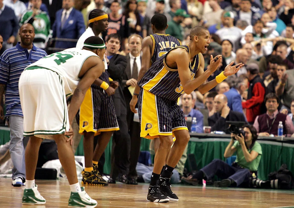 BOSTON - APRIL 25: Reggie Miller #31 of the Indiana Pacers celebrates after Paul Pierce #34 of the Boston Celtics missed a game tying three point attempt at the buzzer in Game two of the Eastern Conference Quarterfinals during the 2005 NBA Playoffs on April 25, 2005 at Fleet Center in Boston, Massachusetts. The Pacers defeated the Celtics 82-79 and evened the series 1-1. NOTE TO USER: User expressly acknowledges and agrees that, by downloading and or using this photograph, User is consenting to the terms and conditions of the Getty Images License Agreement. (Photo by Jim McIsaac/Getty Images)